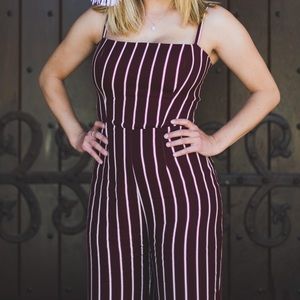 Reformation Maroon and White Striped Jumpsuit